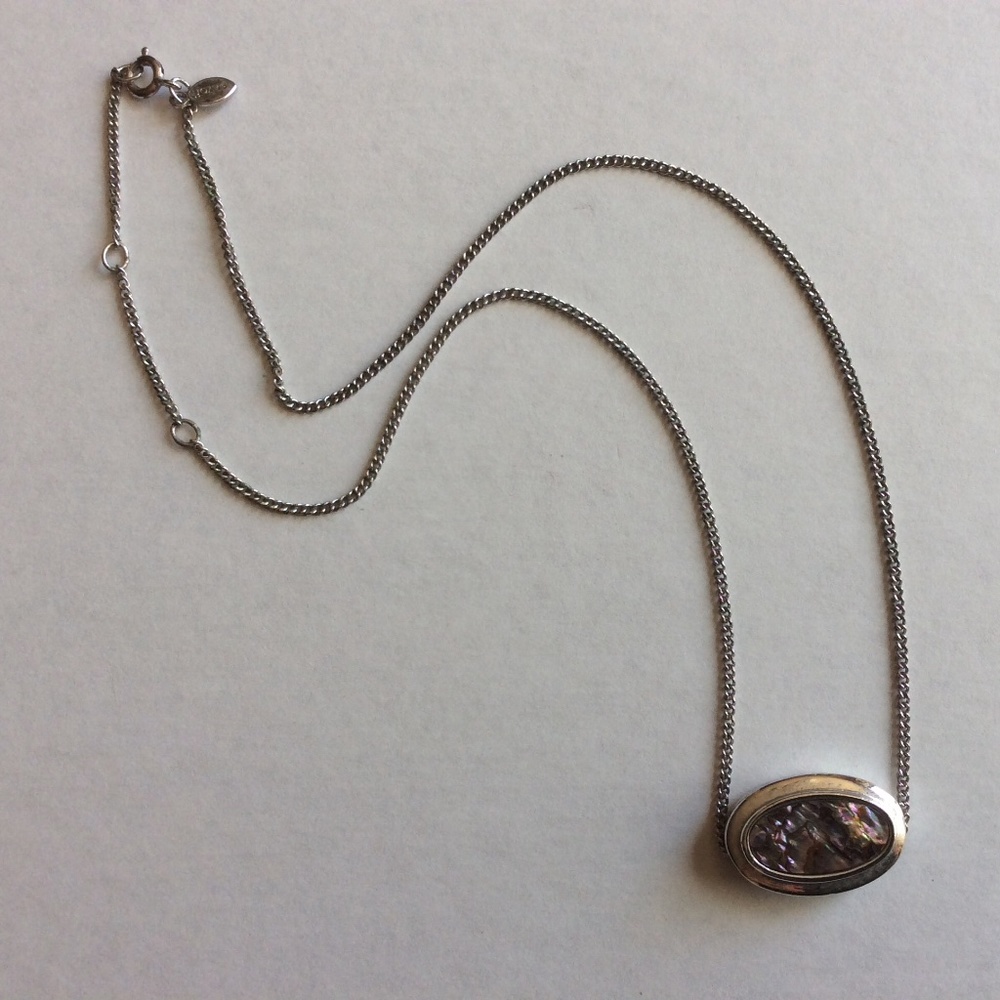 Vintage Signed Avon Abalone Pendant With Chain Necklace Silver Tone
